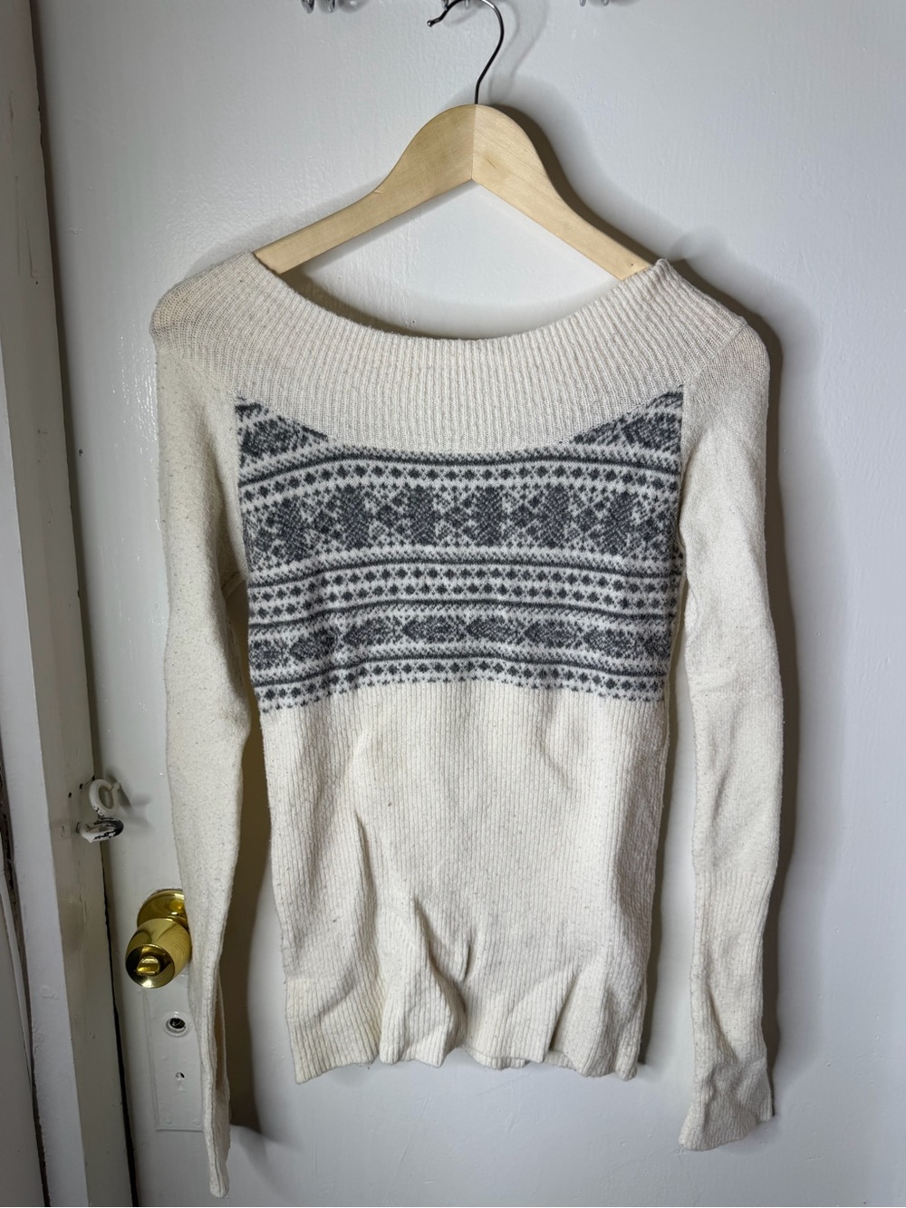 Energie Cream Off-the-Shoulder Sweater with Gray Fair Isle Yoke